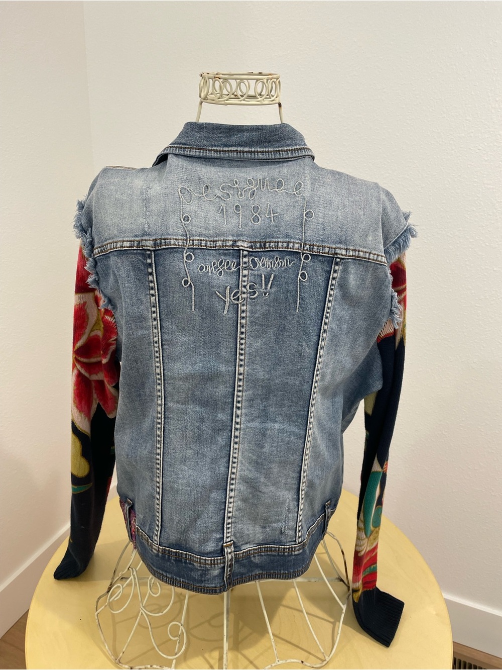 Desigual Chaq Ethnic Mixed Media Denim Jacket Knit Sleeves Size 44 US 12 - Picture 7 of 10